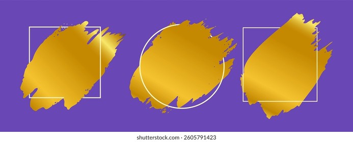 Abstract golden brush strokes in geometric frames on bold purple. Dynamic design suitable for modern art concepts and creative projects. Brush frame grunge hand drawn concept.