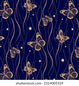 Abstract golden butterflies in a pattern.Vector seamless pattern with gold decor and butterflies on a blue background.