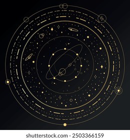 Abstract golden celestial background with orbits and stars. Vector illustration