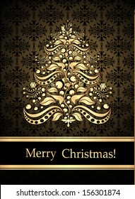 Abstract golden christmas tree on vintage wallpaper pattern background.