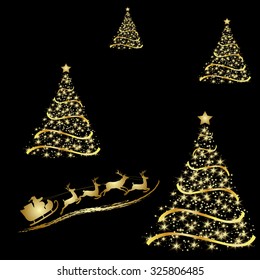 Abstract golden christmas tree on black background. Vector eps10 illustration