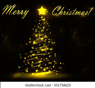 Abstract golden christmas tree on black background.Vector illustration
