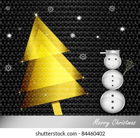 Abstract golden christmas tree and snowman on Carbon Fiber Background. Vector illustration