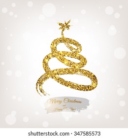 Abstract golden christmas tree. Golden sparkles texture background.
Template xmas card for sail, party invitation, greeting card. 
Ink brush grunge strokes.

