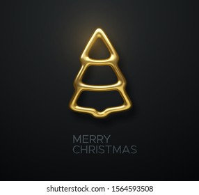 Abstract golden Christmas tree. Vector festive illustration. Gold fir-tree shape isolated on black background. Festive elements for xmas design. Merry Christmas