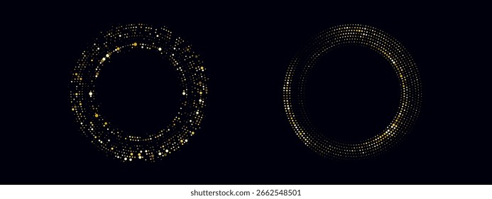 Abstract golden circle frame with glitter texture and dotted pattern. Vector design with radial symmetry and a luxurious gold background.