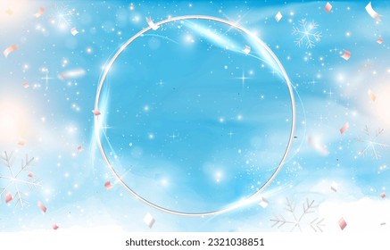 Abstract golden circle frame levitating in the blue sky. Glowing magic fantasy portal round gate, star sky portal cosmos. Gate to paradise. 3d realistic ring for text or product presentation. Vector.