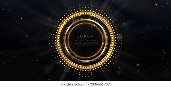 Abstrakter goldener Kreis leuchtend mit Lichteffekt auf schwarzem Hintergrund und Punkt Element. Prämiendesign für Vorlagen. Vektorgrafik