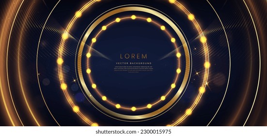 Abstract golden circle lines glowing with lighting effect on dark blue background and bokeh. Template premium award design. Vector illustration