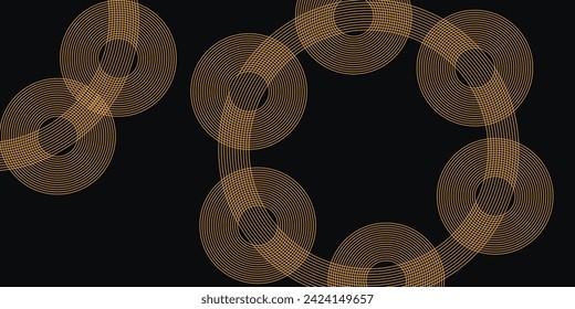 Abstrakte, goldene Kreislinien auf dunklem Hintergrund. Geometrisches Liniendesign. Moderne Luxus-Vorlage. Geeignet für Präsentationen, Banner, Cover, Web, Flyer, Plakate, Broschüren. Vektorgrafik