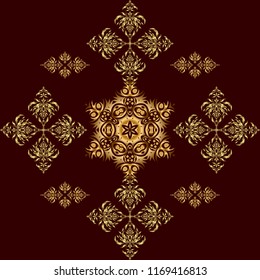 Abstract golden circle ornament on brown background. Muslim, East ornament, Indian ornament, Persian motif. Can be used for wallpaper, banner, wrapping, wedding card. Islamic oriental seamless pattern