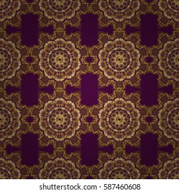 Abstract golden circle ornament on purple background. Can be used for flyers, banner, wrapping, wedding card. Muslim, East ornament, Indian ornament, Persian motif. Islamic oriental seamless pattern.
