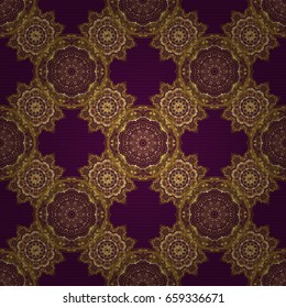 Abstract golden circle ornament on purple background. Islamic oriental seamless pattern. Can be used for fabric, banner, wrapping, wedding cards. Muslim, East ornament, Indian ornament, Persian motif.