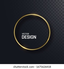 Abstract golden circle shape. Vector 3d illustration. Shiny elegant ring isolated on black transparent background. Jewelry concept. Glossy frame design. Realistic metallic object. Decoration element