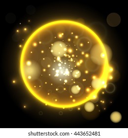 Abstract golden circles and bokeh. Light tracing effect. Vector background. The effect of flashes, magic lights, stars, shine, glimmer, lights.