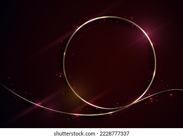 Abstract golden circles lines frame with lighting effect and gold glitter on red background luxury style. Vector illustration