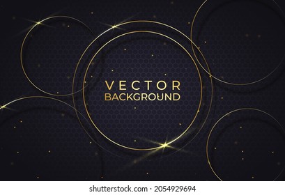 Abstract Golden circular frame with sparkling light on a modern black background.
