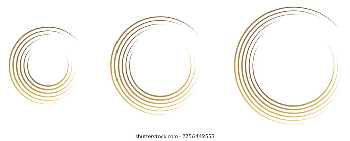 Abstract golden circular line frame set for modern graphic layouts. Elegant spiral ring elements with minimal luxury style. Clean vector shapes ideal for branding, logo decoration, and premium design 