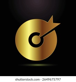 Símbolo circular dourado abstrato com uma seta estilizada ou um elemento dardo