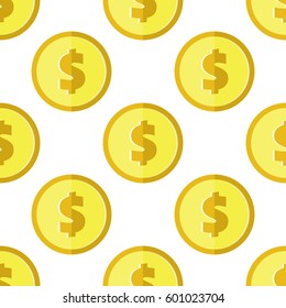 Abstract golden coins with dollar sign seamless pattern. Wrapping background with repeating USA currency symbols in gold colors on white. Vector eps8 illustration.