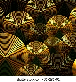 Abstract golden color circles, radial lines vector background