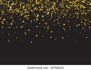 Abstract golden confetti background. Isolated on the black. Vector holiday illustration.