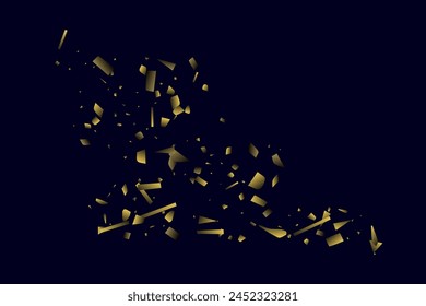 Abstract golden confetti. Glowing background. Random sequins shine on a black background. Dark sky with shining sparkles. Flying confetti. Suitable for your design, cards, invitations, gifts.
