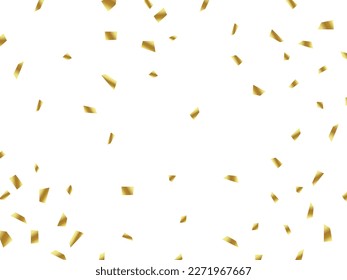 Abstract golden confetti holiday background.  Falling bright gold glitter confetti, ribbon, stars celebration, serpentine, isolated on white background.