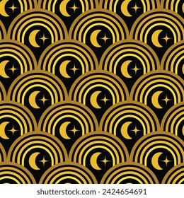 Abstract Golden Crescent Moon with star on retro art deco arches seamless pattern. For wallpaper, home décor and fabric 