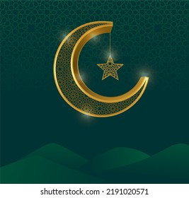 abstract golden crescent moon vector with Arabic pattern on green background