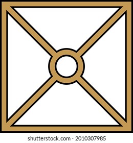 Abstract golden crosshair sign in a square with a circle on a white background.