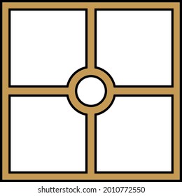 Abstract golden crosshair sign in a square with a circle on a white background.