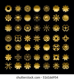 Abstract golden decorative snowflakes set, design elements. Can be used for holiday invitations, greeting cards, scrapbooking, print, gift wrap, manufacturing