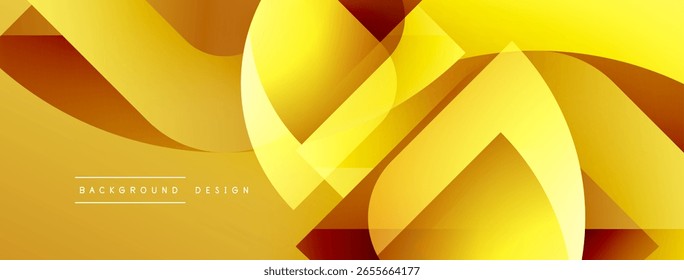Abstract golden design features flowing ribbons, dynamic shapes. Gradient hues create depth, modern aesthetic. Background suggests luxury, elegance.