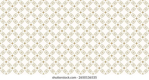 Abstract golden diamond grid ornament. Vector seamless pattern with floral geometric lattice, stars, lines, leaves. Simple luxury royal gold and white background in oriental style. Repeating design
