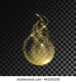 Abstract golden dust, fire waves and shining ball with sparkles on transparent black background. Space design. Vector illustration.