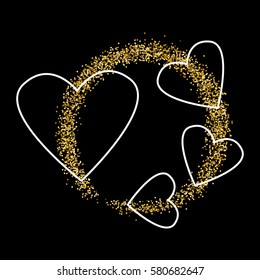 Abstract golden dust on black background, with hearts.