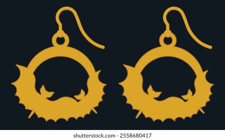 Abstract golden earrings with simple bat silhouette Halloween themed jewelry designs. Intricate and spooky design for festive jewelry pieces inspired by the Halloween. 