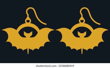 Abstract golden earrings with simple bat silhouette Halloween themed jewelry designs. Intricate and spooky design for festive jewelry pieces inspired by the Halloween. 