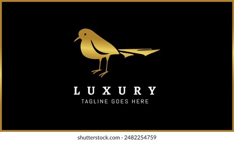 Abstract golden elegant bird vector logo template, Isolated on a solid black background.