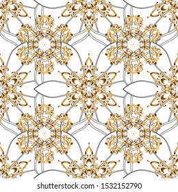 Abstract golden elements on a background. Vector shiny metal surface seamless pattern.