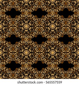 Abstract golden elements on a black background. Vector shiny metal surface seamless pattern.