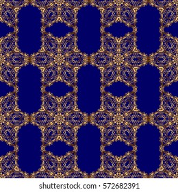 Abstract golden elements on a blue background. Vector shiny metal surface seamless pattern.