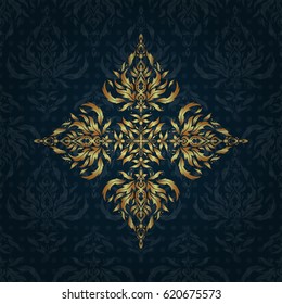 Abstract golden elements on a blue background. Vector shiny metal surface seamless pattern.