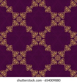 Abstract golden elements on a purple background. Vector shiny metal surface seamless pattern.