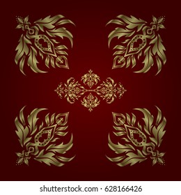 Abstract golden elements on a red background. Vector shiny metal surface seamless pattern.