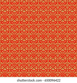 Abstract golden elements on a red background. Vector shiny metal surface seamless pattern.