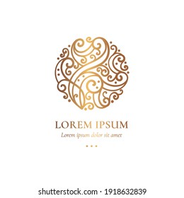 Abstract golden emblem in a circle shape. Can be used for jewelry, beauty and fashion industry. Great for logo, monogram, invitation, flyer, menu, background, or any desired idea.