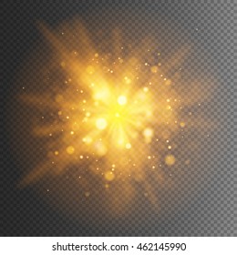 Abstrakte goldene Explosion Bokeh-Lichtstrahlen und Funkeln. Einzeln auf transparentem Hintergrund. Leerer Platz für Text. Detaillierte Vektorgrafik. 