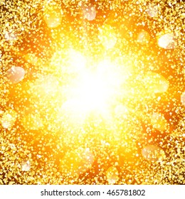 Abstract golden explosion with gold glittering elements. Burst of glowing star. Dust firework light effect. Sparkles splash powder background. Vector illustration.
